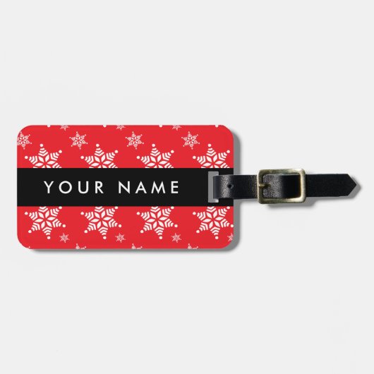 Witte sneeuwvlokken, rood, Jouw naam, personaliser Bagagelabel (Voorkant horizontaal)