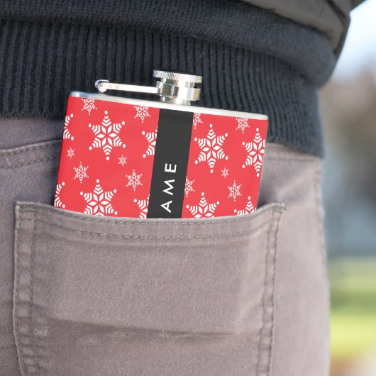 Witte sneeuwvlokken, rood, Jouw naam, personaliser Heupfles (Voorbeeld)