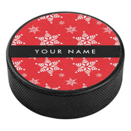 Witte sneeuwvlokken, rood, Jouw naam, personaliser Hockey Puck
