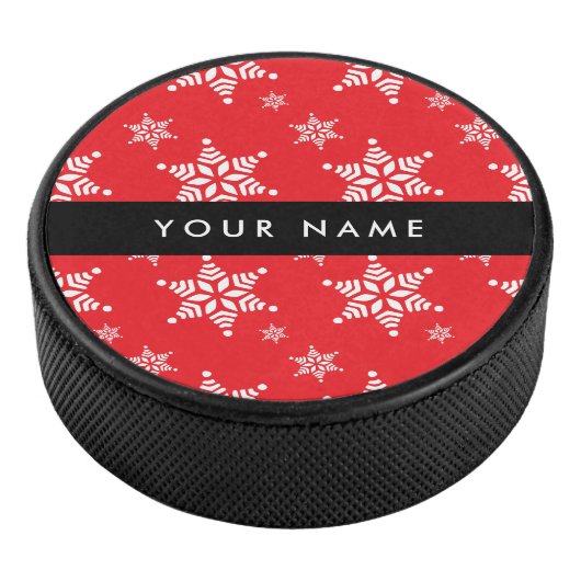 Witte sneeuwvlokken, rood, Jouw naam, personaliser Hockey Puck (3/4)