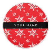 Witte sneeuwvlokken, rood, Jouw naam, personaliser Keramische Knop (Voorkant)