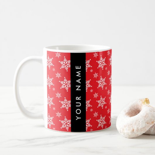 Witte sneeuwvlokken, rood, Jouw naam, personaliser Koffiemok (Met donut)