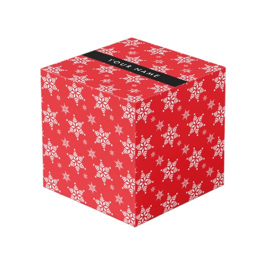 Witte sneeuwvlokken, rood, Jouw naam, personaliser Kubus (Voorkant hoekig)