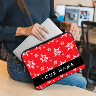 Witte sneeuwvlokken, rood, Jouw naam, personaliser Laptop Sleeve