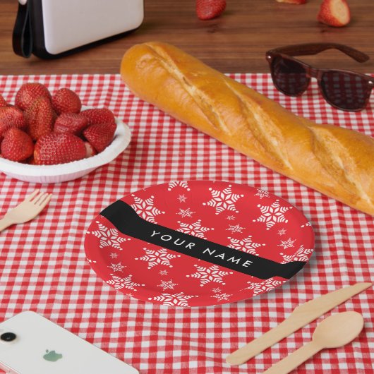 Witte sneeuwvlokken, rood, Jouw naam, personaliser Papieren Bordje (Picknick)