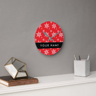 Witte sneeuwvlokken, rood, Jouw naam, personaliser Ronde Klok