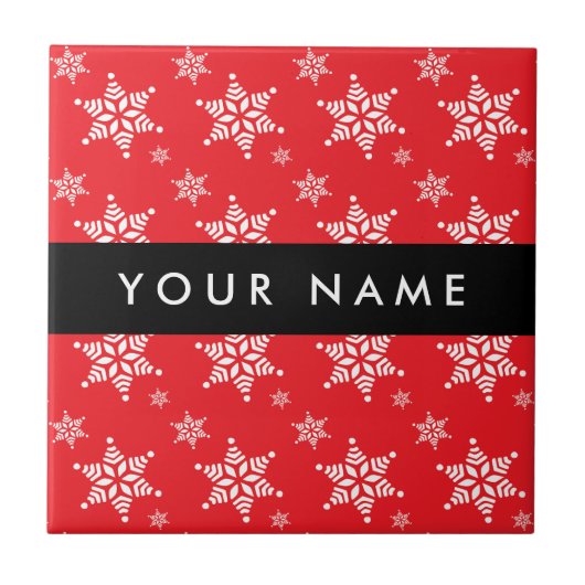 Witte sneeuwvlokken, rood, Jouw naam, personaliser Tegeltje (Voorkant)