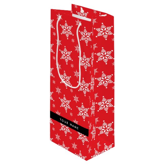 Witte sneeuwvlokken, rood, Jouw naam, personaliser Wijn Cadeautas (Voorkant Gekanteld)
