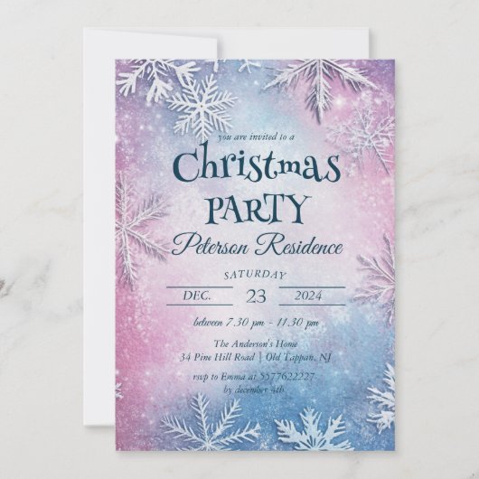 Witte Sneeuwvlokken Roze en Blauw Kerstfeest Kaart (Voorkant)