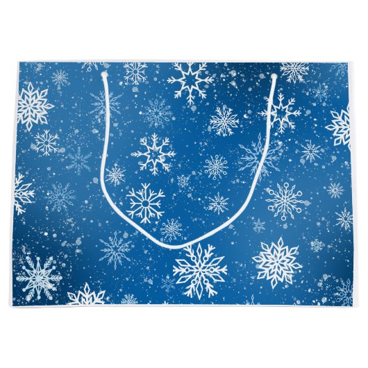 Witte sneeuwvlokken saffier blauw groot cadeauzakje (Voorkant)