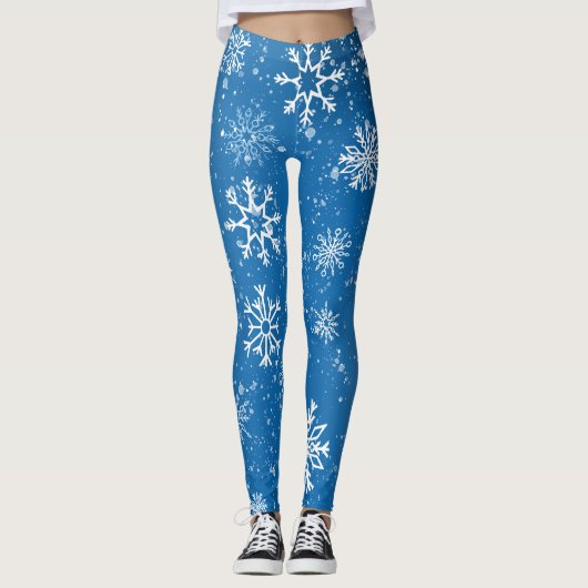 Witte sneeuwvlokken saffier blauw leggings (Voorkant)
