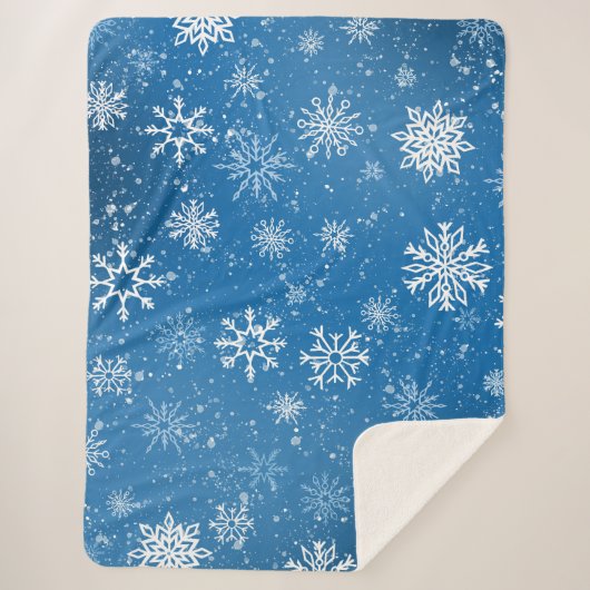 Witte sneeuwvlokken saffier blauw sherpa deken (Voorkant)