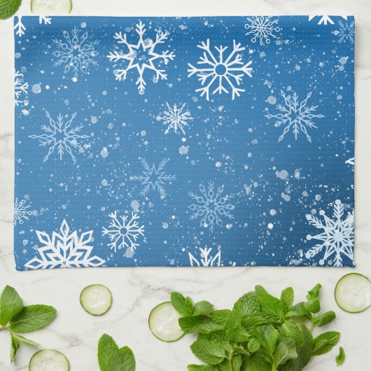 Witte sneeuwvlokken saffier blauw theedoek (Gevouwen)