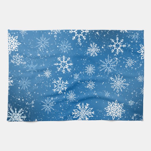 Witte sneeuwvlokken saffier blauw theedoek (Horizontaal)