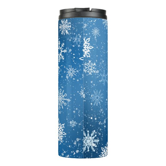 Witte sneeuwvlokken saffier blauw thermosbeker (Achterkant)