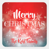 Witte sneeuwvlokken Sparkles en Bokeh op Red Vierkante Sticker (Voorkant)