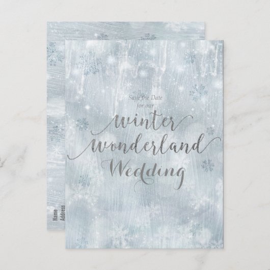 Witte sneeuwvlokken Winter Wonderland Save the Dat Aankondigingskaart (Voorkant / Achterkant)