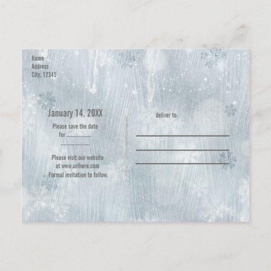 Witte sneeuwvlokken Winter Wonderland Save the Dat Aankondigingskaart (Achterkant)