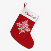 Witte sneeuwvlokvorm op rood met aangepaste naam kleine kerstsok (Voorkant (Hangend))