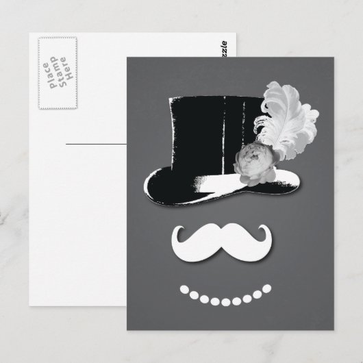 Witte snor, bovenste hoed, veren en roos briefkaart (Voorkant / Achterkant)