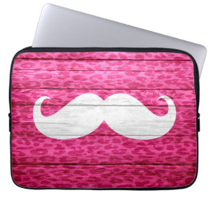 Witte Snor op Hete Roze Luipaard Houten Laptop Sleeve