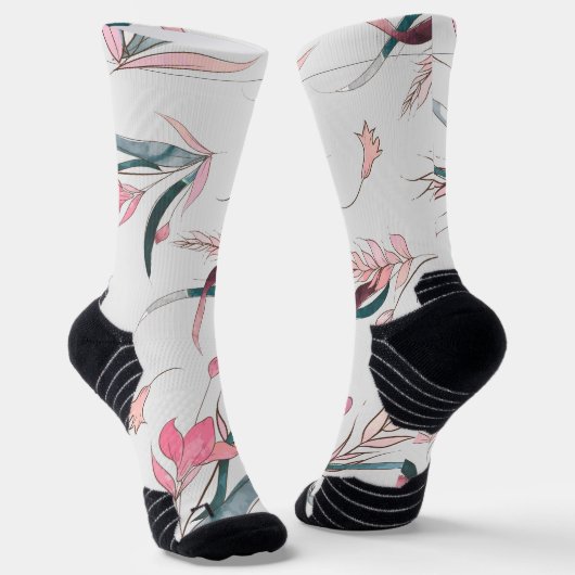 Witte sokken met een bloemendesign met roze bloeme (Gebogen)