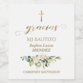 Witte Spaanse Bloemen Gracias Calligraphy Doopfees Wijn Etiket (Enkel label)