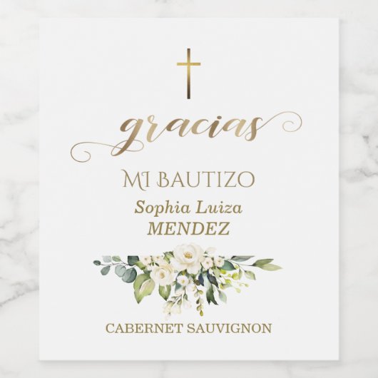 Witte Spaanse Bloemen Gracias Calligraphy Doopfees Wijn Etiket (Enkel label)