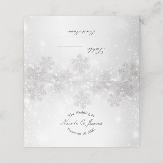 Witte Sparkle Sneeuwvlokken Winter Wedding Zitplaa Plaatskaartje (Buitenkant ongevouwen)
