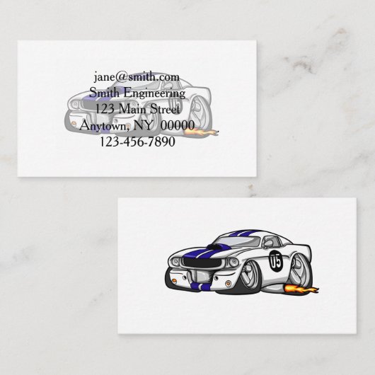 Witte spierauto cartoon - Kies achtergrondkleur Visitekaartje (Voorkant / Achterkant)