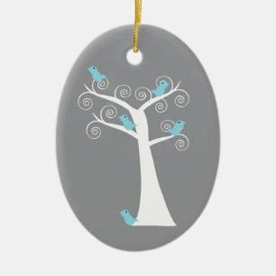 Witte spiraalboom met blauwe vogels Natuurkunst Keramisch Ornament