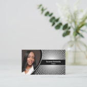 Witte spiraalnummers op grijze aangepaste foto visitekaartje (Staand voorkant)