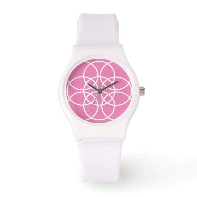 Witte spiraalvormige cirkels op roze horloge (Voorkant)