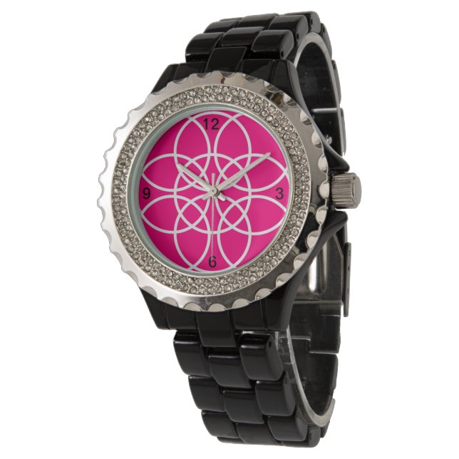Witte spiralen op Bright Pink Horloge (Gekanteld)