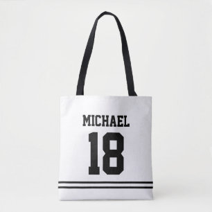 Witte sporttrui met aangepaste naam en nummer tote bag