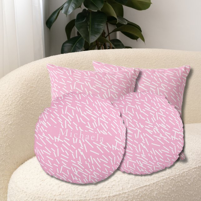 Witte Sprinkles op Roze Achtergrond Naam Tekst Rond Kussen (Pink & white sprinkles round pillow. Tex or custom name.
Multilingual Project. Michaela)