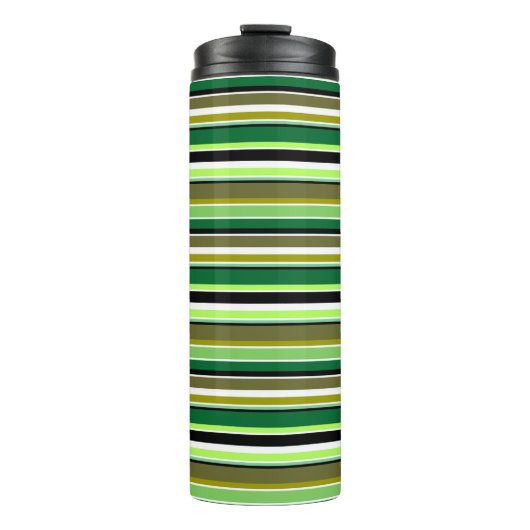 Witte staafjes met fijne groene streep thermosbeker (Voorkant)