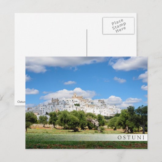 Witte stad Ostuni, briefkaart van de bar in Puglia (Voorkant / Achterkant)