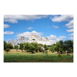 Witte stad Ostuni met olijfbomen, Puglia print Foto Afdruk