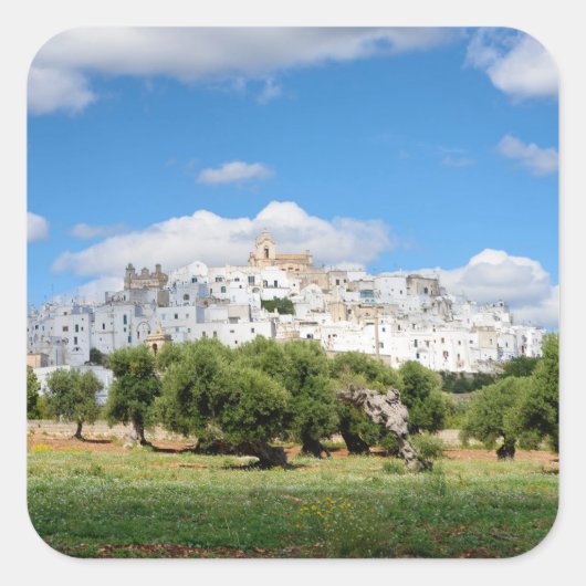 Witte stad Ostuni met olijfbomen, Puglia sticker (Voorkant)