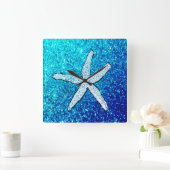 Witte Starfish Glittery Sparkly Blauwgroen Blue Cu Vierkante Klok (Huis)