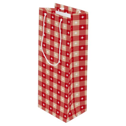 Witte Ster Gingham Landelijke Feestdagen Wijn Cadeautas (Voorkant Gekanteld)
