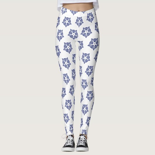 Witte sternavy blauwe omtrek witte achtergrond leggings (Voorkant)