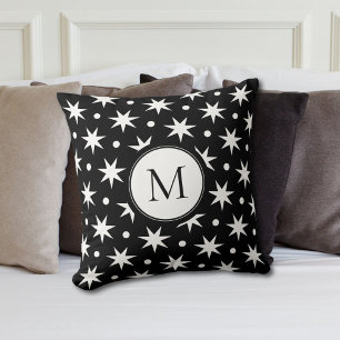 Witte sterren en Stippen op zwart monogram Kussen