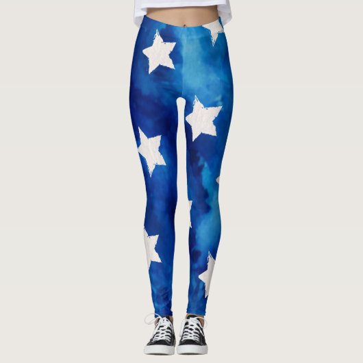 Witte sterren op blauwe Waterverf Leggings (Voorkant)