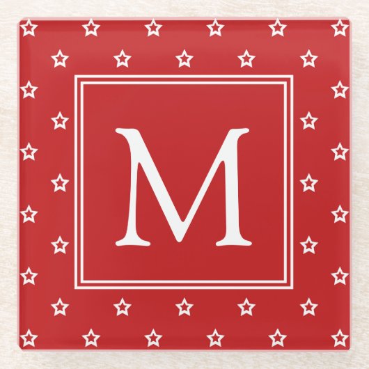 Witte sterren op Bright rood monogram Glazen Onderzetter (Voorkant)