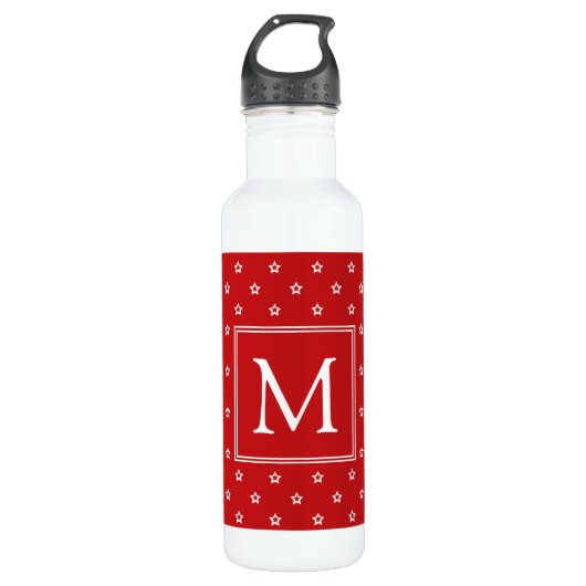 Witte sterren op Bright rood monogram Waterfles (Voorkant)