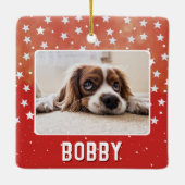 Witte sterren op Red Pet Fotonaam Kerstmis Keramisch Ornament (Achterkant)
