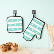 Witte sterren op turquoise strepen Ovenwant Set