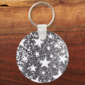Witte sterren op zilveren glitter-blik sleutelhanger (Voorkant)
